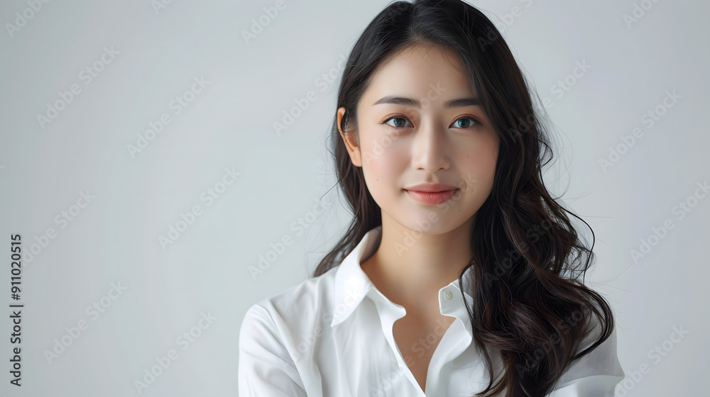 Indoor photo of young business casual asian woman smile face and blank two hands full body shot in white background