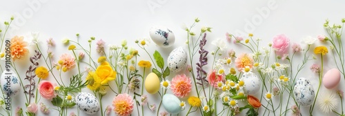 Obraz na płótnie Soft pastel-colored Easter eggs nestled among a variety of delicate flowers, creating a serene and elegant spring scene. w salonie