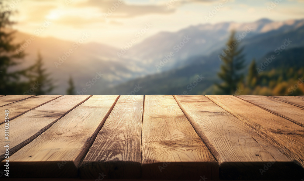 Wooden table with mountain view for mockup Wooden table with mountain view for mockup
