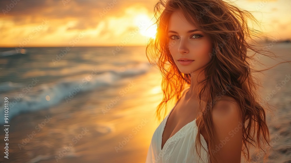 A serene beach portrait of a woman with flowing hair against a stunning sunset, embodying beauty and tranquility. A serene beach portrait of a woman with flowing hair against a stunning sunset, embodying beauty and tranquility.