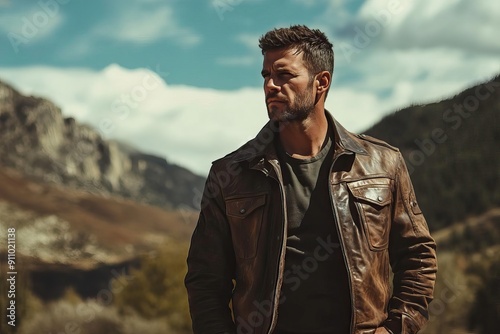 A rugged man stands confidently in a scenic mountain landscape, wearing a stylish leather jacket against dramatic skies.