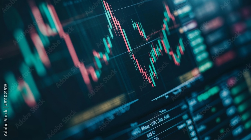 Close-up of a fluctuating stock chart on a computer screen with candlesticks surrounded by financial statements and analysis tools, a dynamic scene of busy stock trading