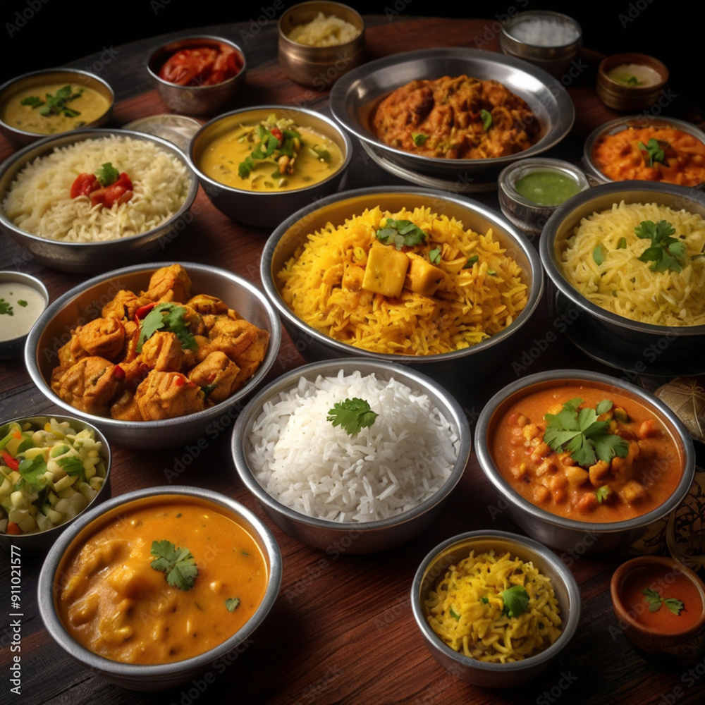 National Rice Pudding Day. Assortment of indian dishes - rice and curry National Rice Pudding Day. Assortment of indian dishes - rice and curry