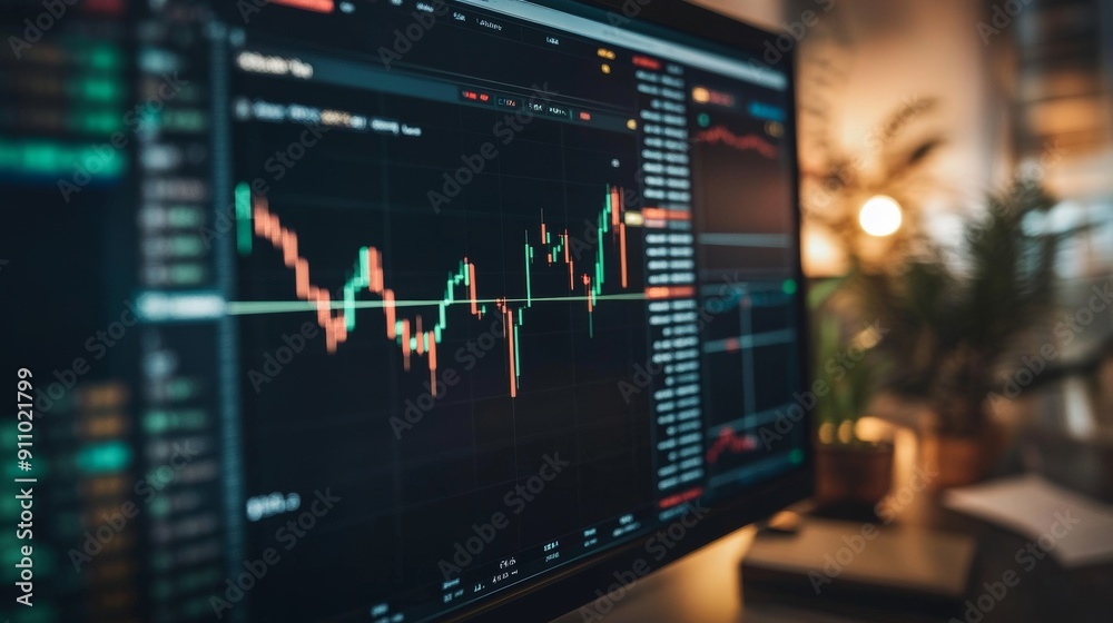 Close-up of a fluctuating stock chart on a computer screen with candlesticks surrounded by financial statements and analysis tools, a dynamic scene of busy stock trading Close-up of a fluctuating stock chart on a computer screen with candlesticks surrounded by financial statements and analysis tools, a dynamic scene of busy stock trading
