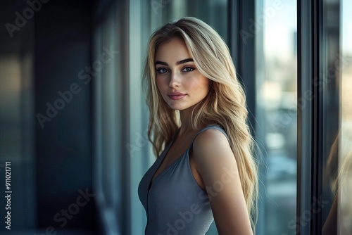 A stunning portrait of a young woman with long blonde hair, captured against a backdrop of large windows, exuding beauty and elegance. Free Download A stunning portrait of a young woman with long blonde hair, captured against a backdrop of large windows, exuding beauty and elegance. - GFXLoad