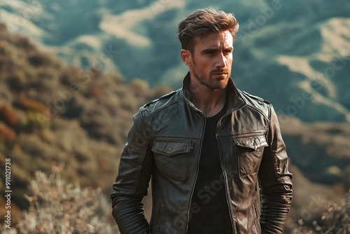A stylish man in a leather jacket stands confidently against a rugged landscape, showcasing a modern and adventurous spirit.