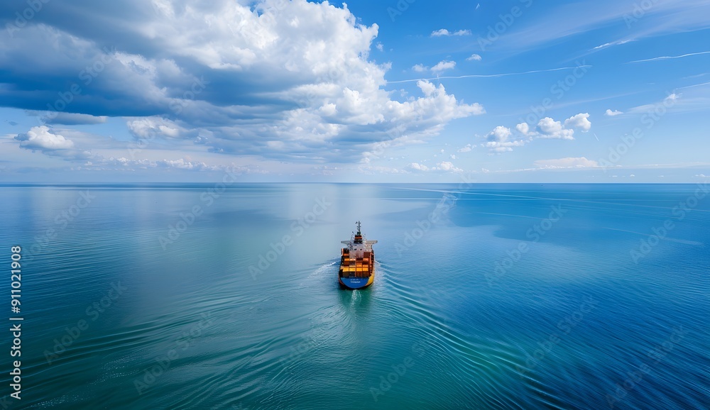 Obraz premium Cargo ship sailing on calm sea, blue sky with clouds, aerial view, copy space, wide angle, high resolution photography,