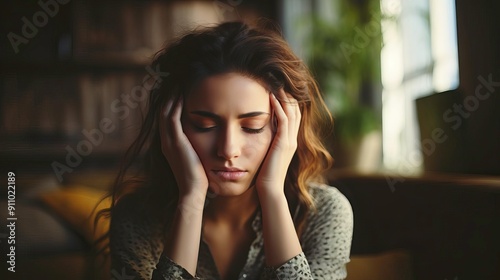 A woman with a distressed expression, holding her head, surrounded by soft natural light in a cozy indoor setting.