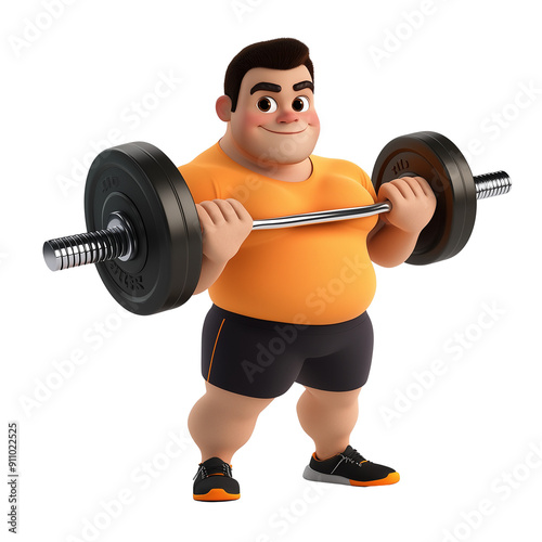 Cute 3D Cartoon Character Lifting Barbell: Chubby Fitness Enthusiast for Gym Motivation and Health App Designs