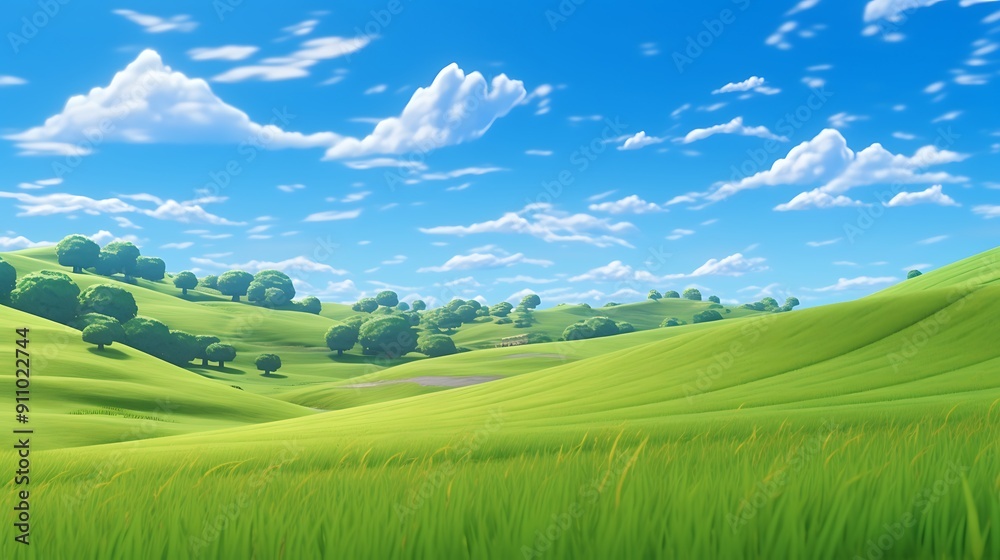 A peaceful countryside scene with rolling hills and a clear blue sky A peaceful countryside scene with rolling hills and a clear blue sky