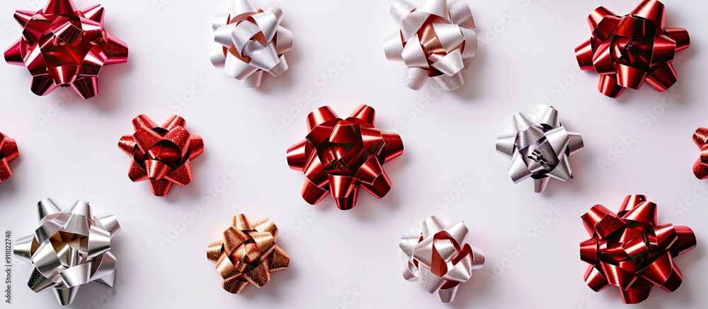Top view of Christmas bows on a white background, creating a copy space image.