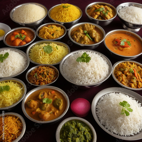 National Rice Pudding Day. Assortment of indian dishes - rice and curry