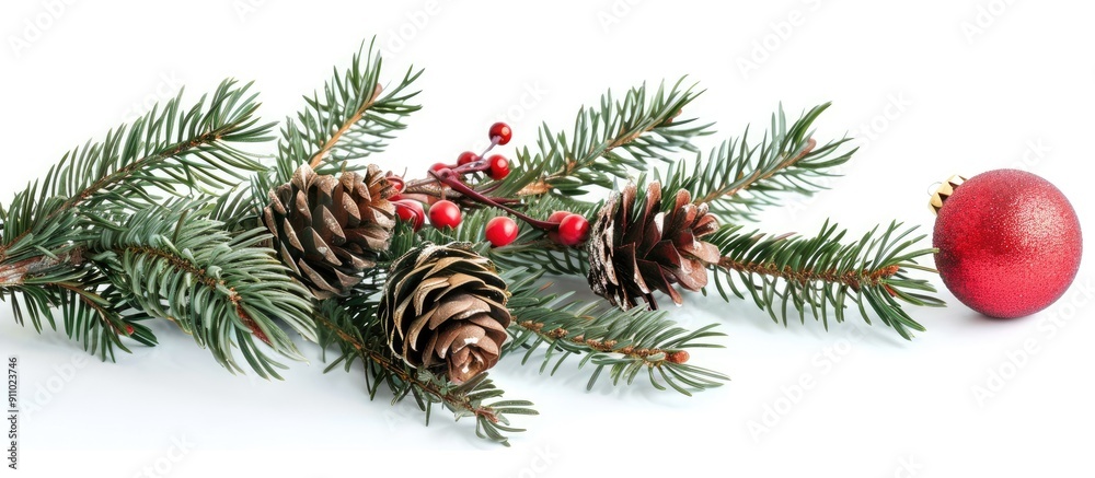 Isolated on a white background, a Christmas fir branch embellished with cones and a red sphere ornament, offering an empty copy space image. Isolated on a white background, a Christmas fir branch embellished with cones and a red sphere ornament, offering an empty copy space image.