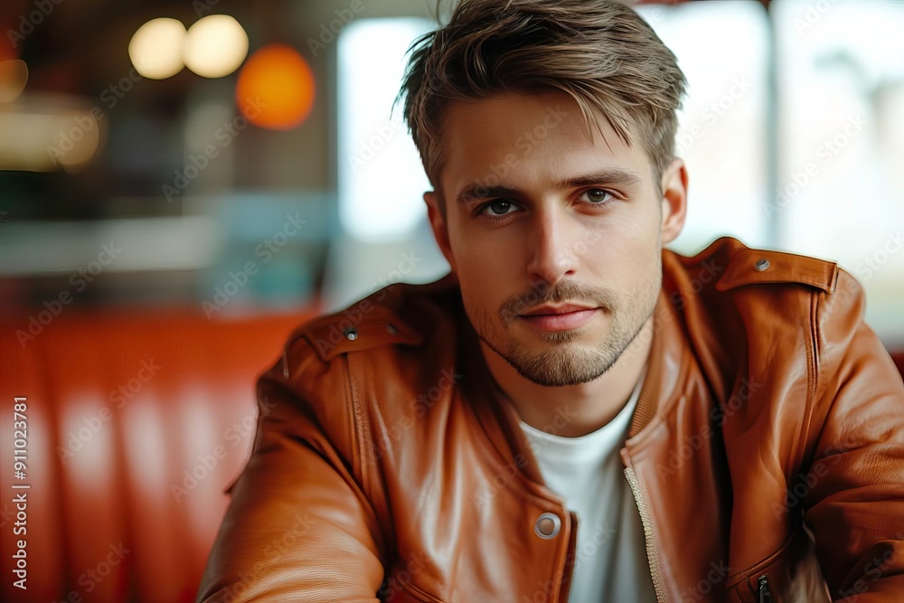 Stylish young man in a modern cafe, exuding confidence with a leather jacket and a captivating gaze. Stylish young man in a modern cafe, exuding confidence with a leather jacket and a captivating gaze.
