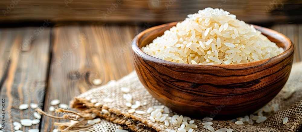 Organic coarse rice displayed in a wooden bowl with ample copy space image. Organic coarse rice displayed in a wooden bowl with ample copy space image.