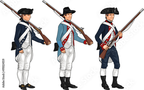 Set of Three American Soldiers in Uniforms of Various Regiments from American Revolutionary War Holding Muskets or Rifles, Illustration Isolated on White Background, EPS 10 Vector