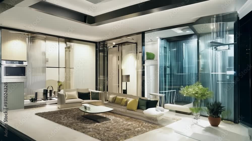 A contemporary living room showcases plush seating, a cozy rug, and urban views through expansive glass walls, creating a warm evening atmosphere