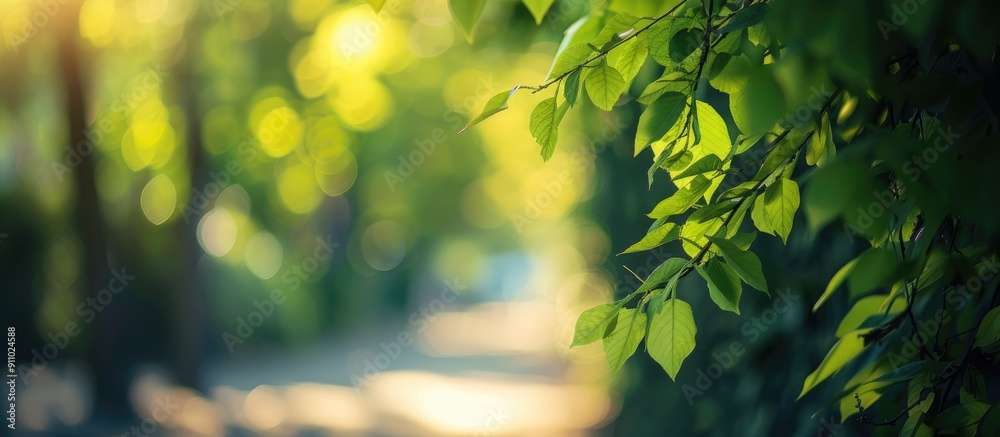 Obraz premium Spring gave life to lush green leaves in the Linden alley, creating a picturesque scene with a copy space image in the background.