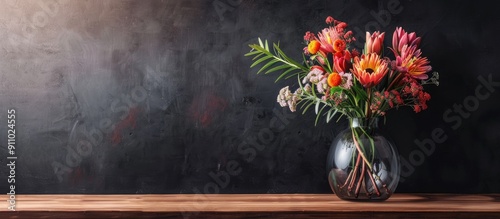 Native flowers in a glass vase on a desk with copy space image. #911024555