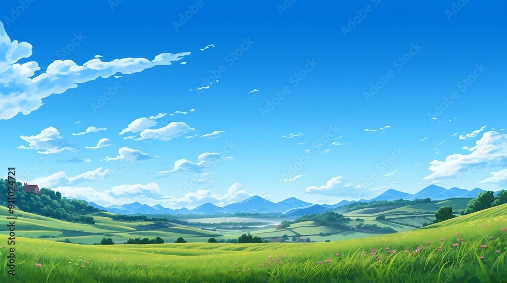 A peaceful countryside scene with rolling hills and a clear blue sky A peaceful countryside scene with rolling hills and a clear blue sky