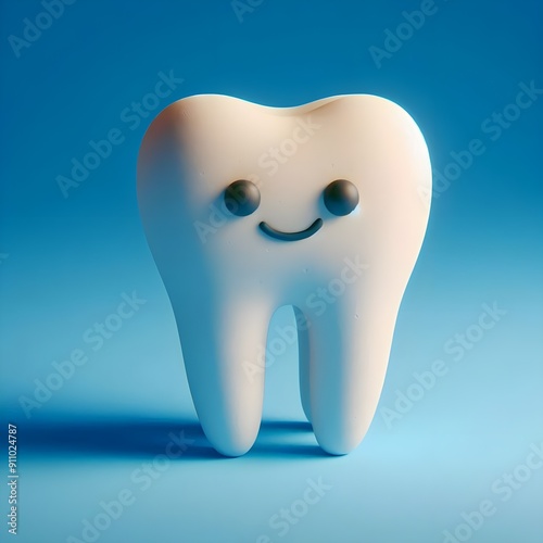 Close-up of a healthy smiley white tooth on a blue background, 3D, tooth character 