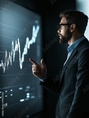 Documentary-style photo of a financial analyst explaining the impact of dividends on long-term investment returns, highlighting a rising stock chart on a screen photo