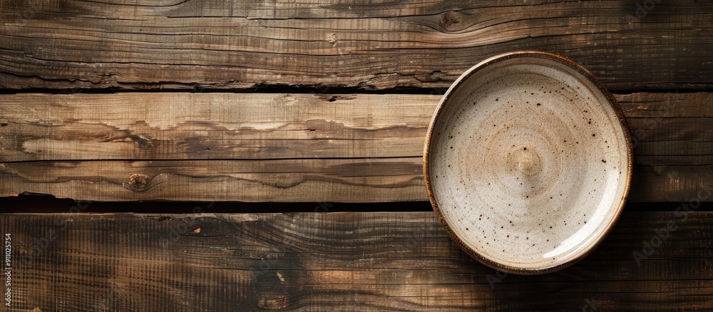 Plate displayed on a rustic wooden table with ample copy space image.