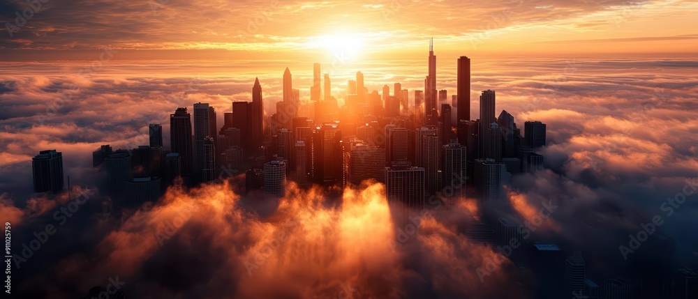 Summer sunrise wonderful landscape, illuminating a bustling city skyline with the first light of day Summer sunrise wonderful landscape, illuminating a bustling city skyline with the first light of day