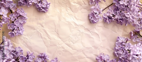 Stylish old paper background with pale lilac chinaberry tree flowers, square shape for copy space image. photo