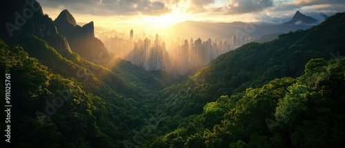 Fototapeta Naklejka Na Ścianę i Meble -  Summer sunrise wonderful landscape, illuminating a bustling city skyline with the first light of day