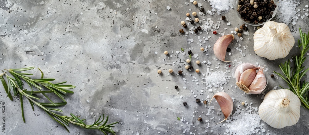 Fototapeta premium Top view of garlic, rosemary, black pepper, and salt on a grey concrete background with copy space image available.