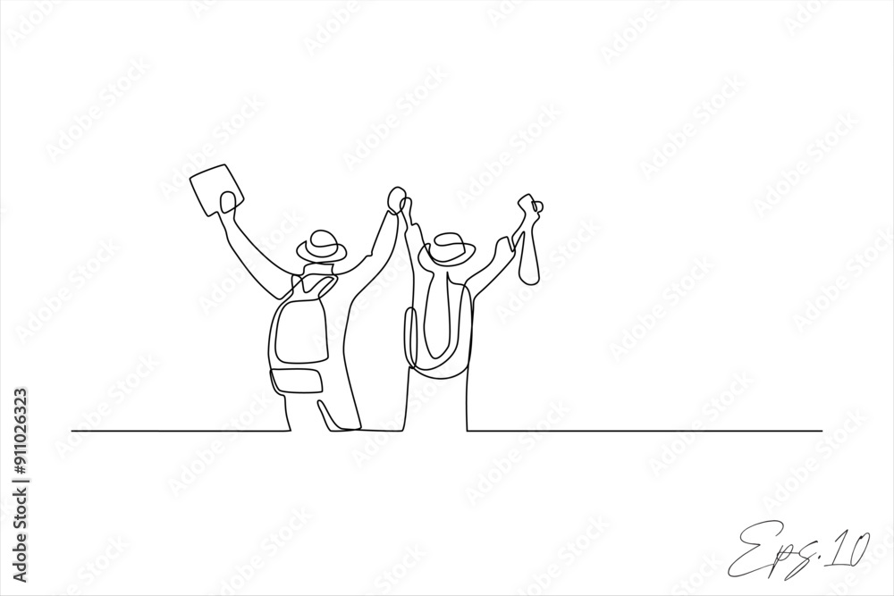 continuous line of two businessmen celebrating success by raising their hands continuous line of two businessmen celebrating success by raising their hands