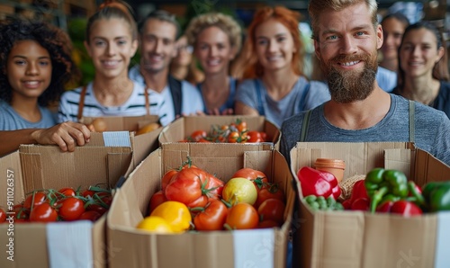 A diverse group of people volunteering at a food bank  photo