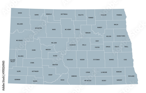 North Dakota, U.S. state subdivided into 53 counties, gray political map with borders and county names. State in the Upper Midwest region of United States, nicknamed Peace Garden and Roughrider State.
