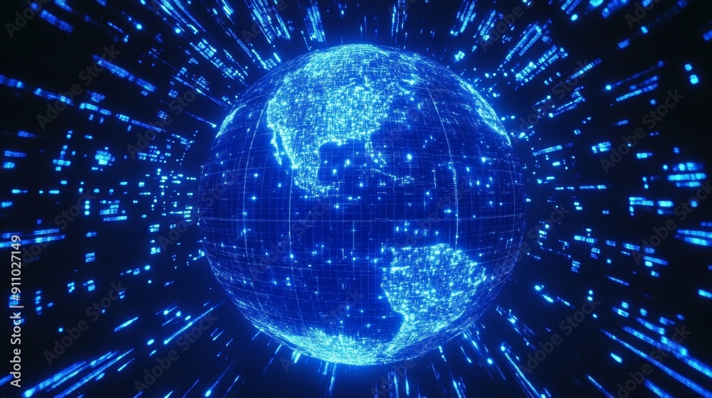 Obraz premium Illuminating the Future: Holographic Analysis of Global Growth Factors in High-Tech Blue Light Environment