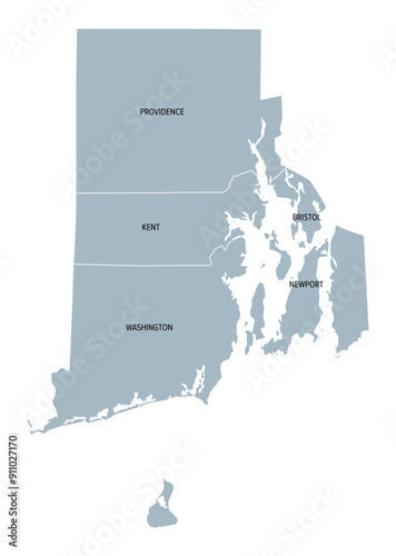 Rhode Island, U.S. state subdivided into 5 counties, gray political map with borders and county names. New England region state of Northeastern United States, nicknamed Ocean State, and Little Rhody.