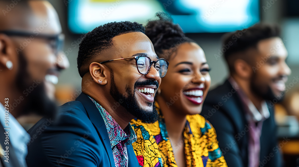 Homme et femme noirs avec barbe souriant dans un réunion d'affaires Homme et femme noirs avec barbe souriant dans un réunion d'affaires