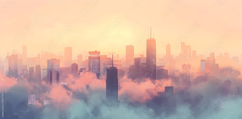 Cityscape Illustration with Clouds and Sunset Cityscape Illustration with Clouds and Sunset