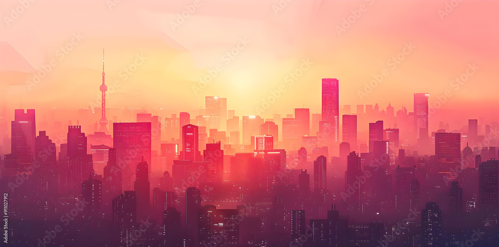 Cityscape Illustration with Sunset Cityscape Illustration with Sunset