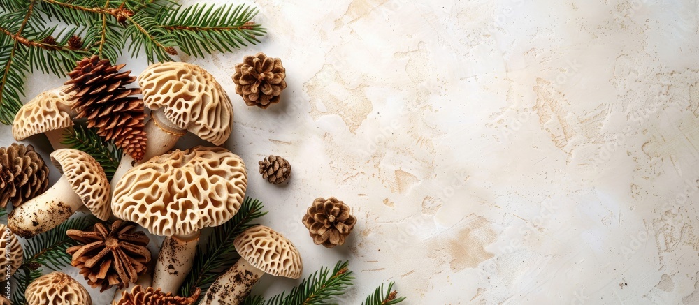 Top view of arranged morel mushrooms and fir tree branches on a light background with copy space image available.
