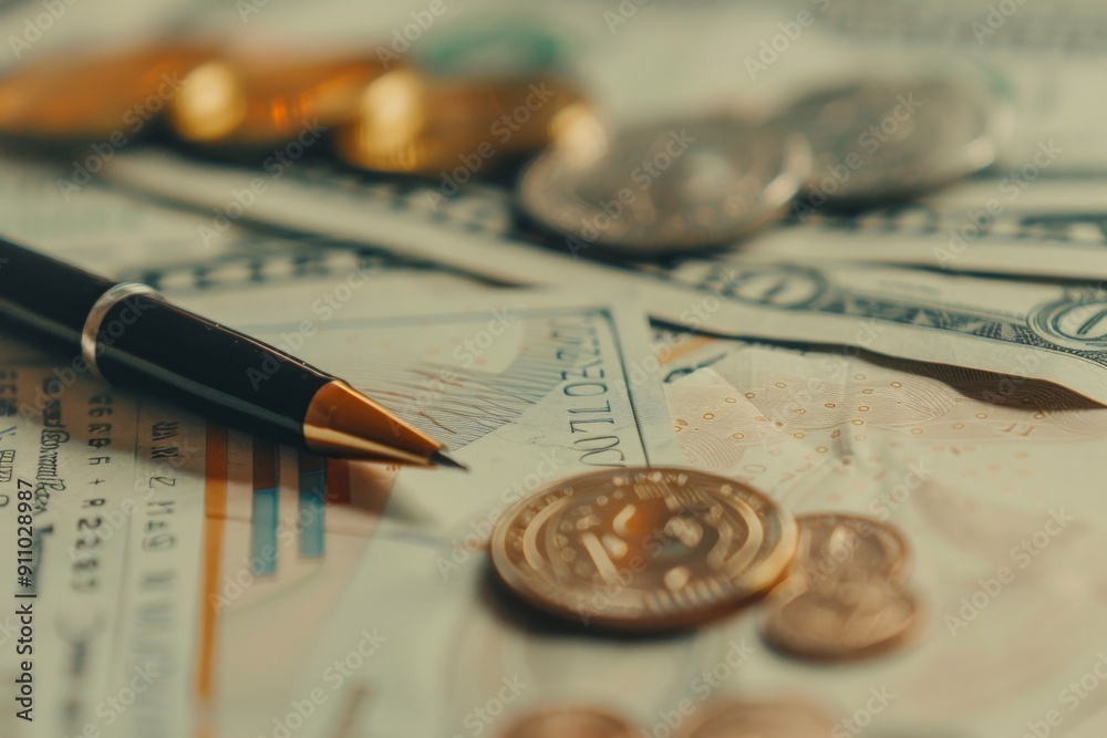 Fuzzy background of economic and financial context, featuring currency coins, pens, and stock market charts. Fuzzy background of economic and financial context, featuring currency coins, pens, and stock market charts.