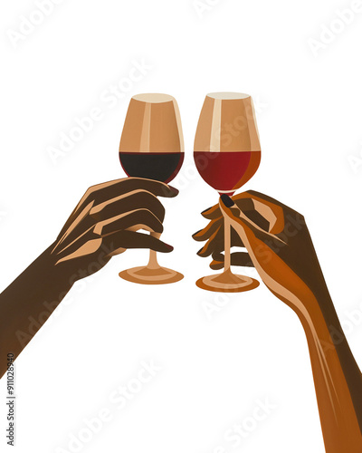 Two hands holding wine glasses in celebration. Vintage Digital Art Collage. For Celebration events, thanksgiving, Christmas, Isolated Transparent Background