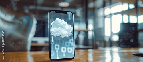 Wallpaper Mural Smartphone displaying a cloud of SEO-related tags in an office setting with copy space image. Torontodigital.ca