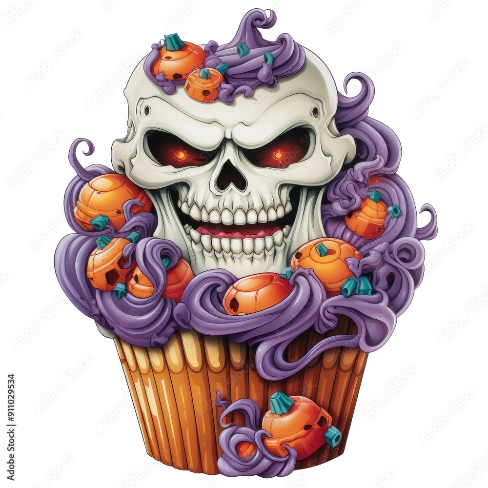 Obraz premium Halloween Cupcake with Skull Decorations, Perfect for Holiday Parties, Festive Baking, Recipe Blogs, Themed Celebrations, and Seasonal Menu Designs