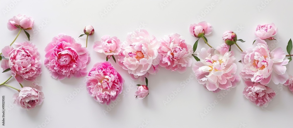 Light pink peonies are artfully arranged on a white backdrop in a flat lay composition from a top-down perspective, creating a festive atmosphere with copy space image. Light pink peonies are artfully arranged on a white backdrop in a flat lay composition from a top-down perspective, creating a festive atmosphere with copy space image.