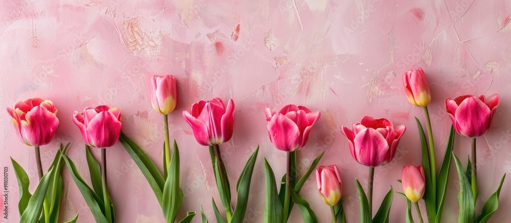 Pink spring tulips on a pink concrete background with copy space image. Pink spring tulips on a pink concrete background with copy space image.