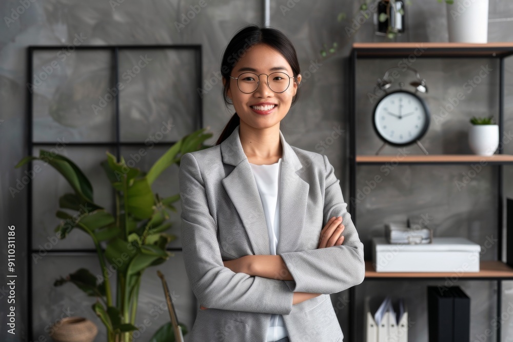 Smiling young professional businesswoman, elegant and confident, standing in her office and looking at the camera, embodying leadership in the corporate world. Smiling young professional businesswoman, elegant and confident, standing in her office and looking at the camera, embodying leadership in the corporate world.
