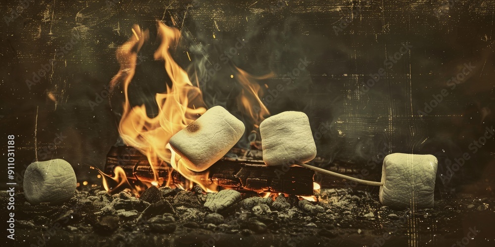 Marshmallows roasting over campfire embers.