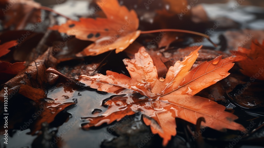 Maple autumn leaf on wet asphalt after rain. Neural network ai generated art Maple autumn leaf on wet asphalt after rain. Neural network ai generated art