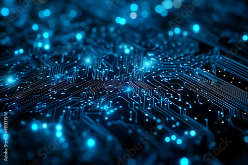 Abstract digital network circuit board background banner featuring connecting data points in blue and black colors. This design emphasizes the complexity and sophistication of modern technology